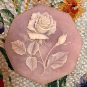VTG 70s Pink Soapstone Trinket Jewelry Box Rose Incolay Cottagecore Mothers Day
